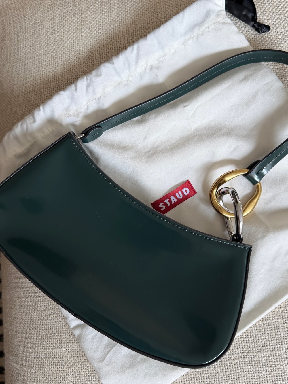 STAUD Dark Green Patent Shoulder Bag with Mixed Metal Chain - Picture 3 of 4